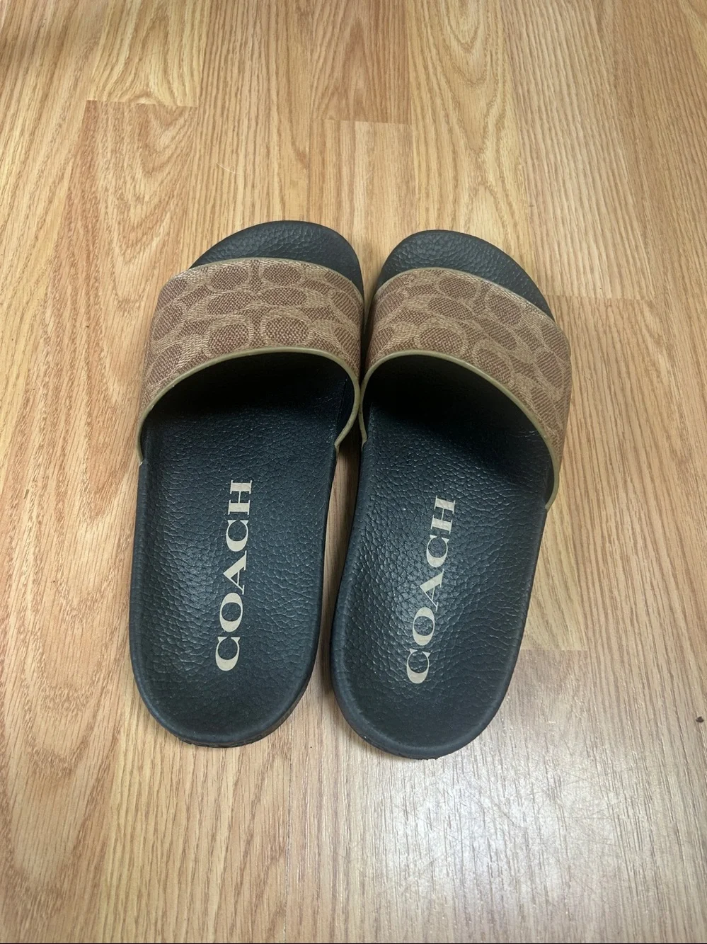 Coach Brown Signature Monogram Slide Sandals with Black Footbed